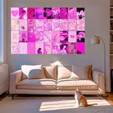 Dripster pink aesthetic wall collage kit poster arranged above beige sofa in modern living room with cat